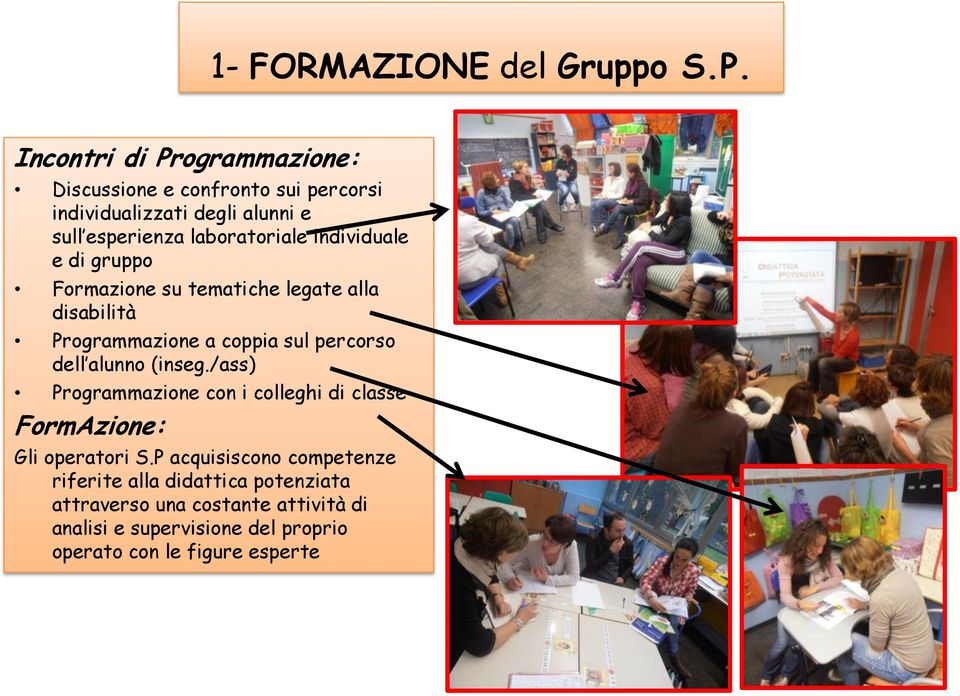 individuale e di gruppo Formazione su tematiche legate alla disabilità Programmazione a coppia sul percorso dell alunno (inseg.