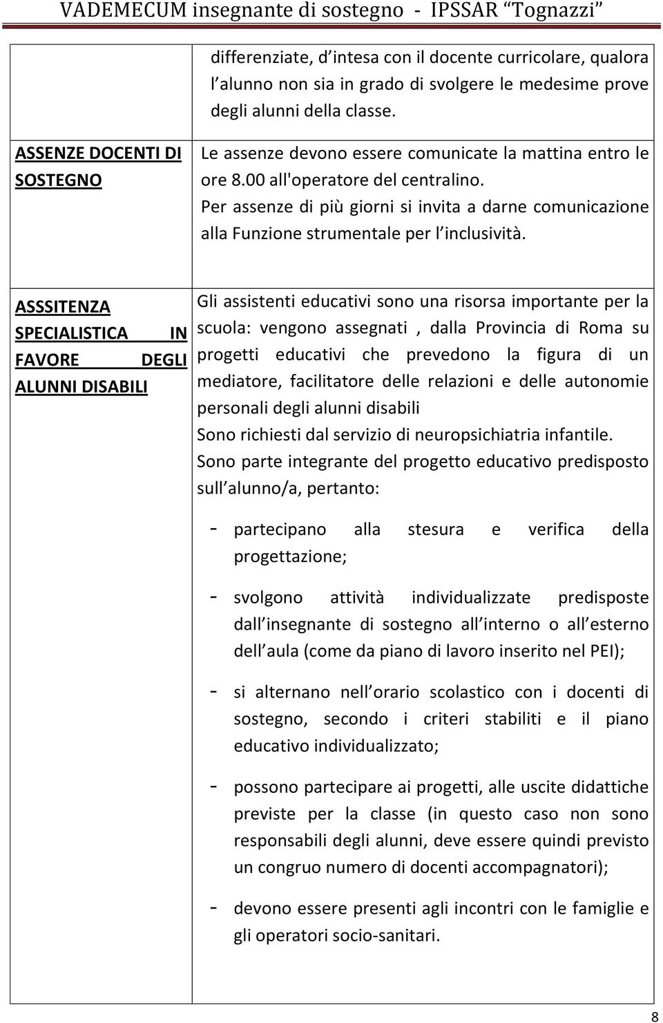 Per assenze di più giorni si invita a darne comunicazione alla Funzione strumentale per l inclusività.