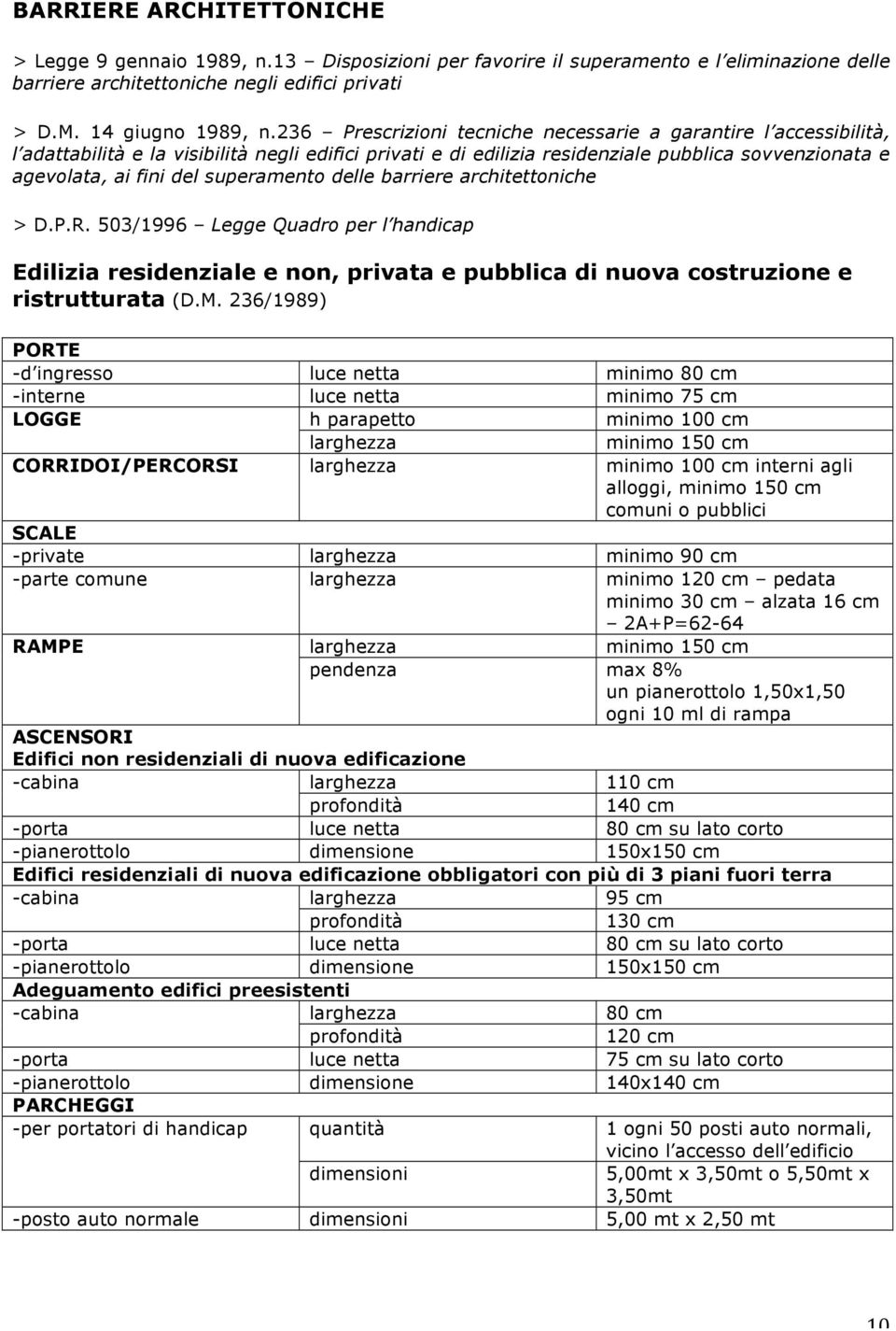 superamento delle barriere architettoniche > D.P.R. 503/1996 Legge Quadro per l handicap Edilizia residenziale e non, privata e pubblica di nuova costruzione e ristrutturata (D.M.