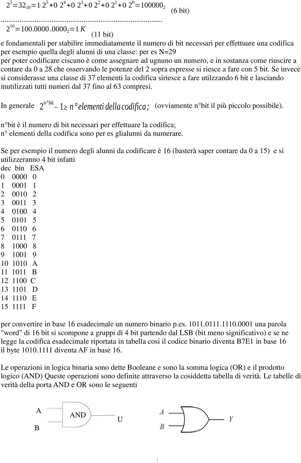 0000 2 =1 K (11 bit) e fondamentali per stabilire immediatamente il numero di bit necessari per effettuare una codifica per esempio quella degli alunni di una classe: per es N=29 per poter codificare