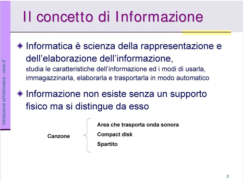 immagazzinarla, elaborarla e trasportarla in modo automatico Informazione non esiste senza un