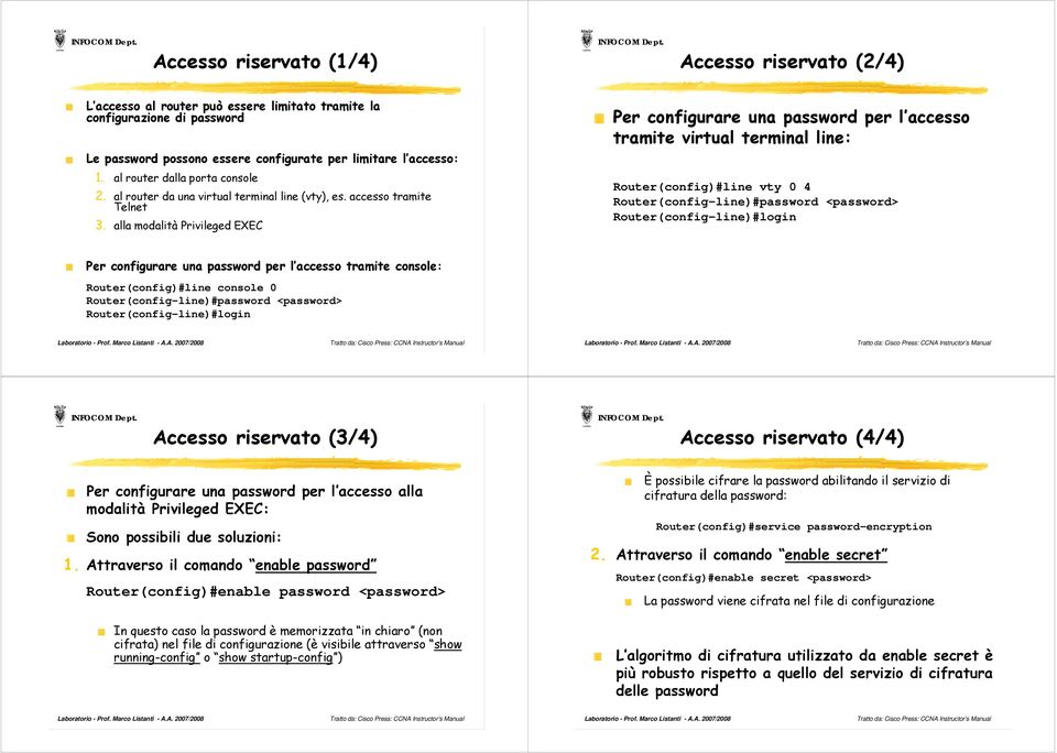 alla modalità Privileged EXEC Per configurare una password per l accesso tramite virtual terminal line: Router(config)#line vty 0 4 Router(config-line)#password <password> Router(config-line)#login