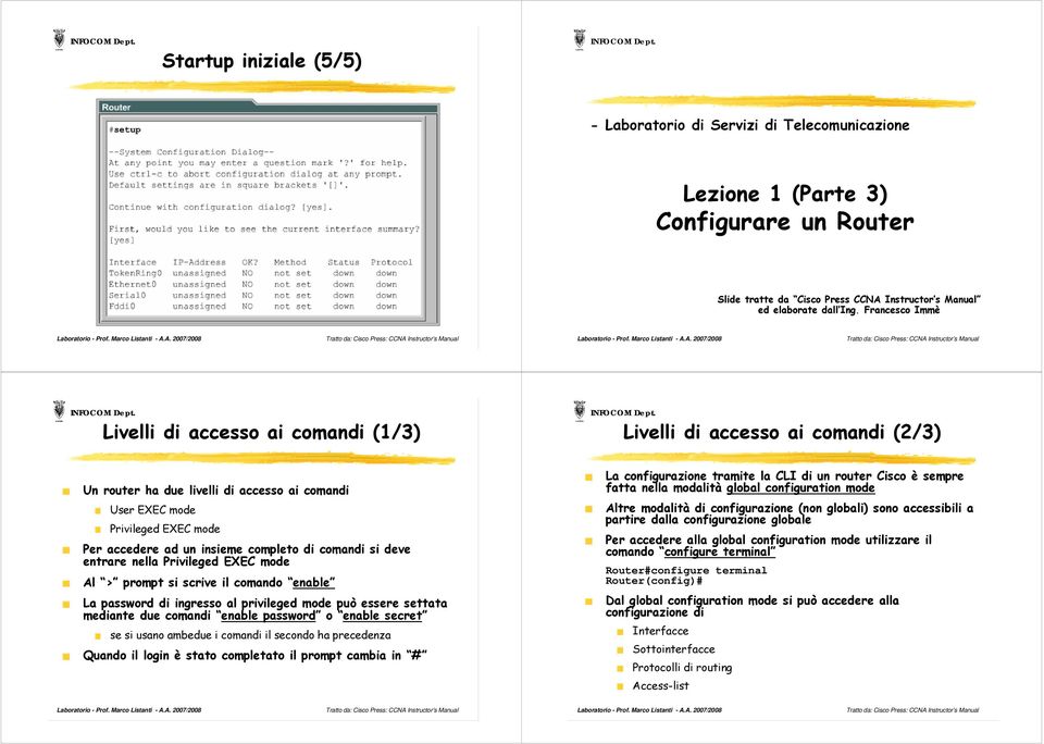 completo di comandi si deve entrare nella Privileged EXEC mode Al > prompt si scrive il comando enable La password di ingresso al privileged mode può essere settata mediante due comandi enable