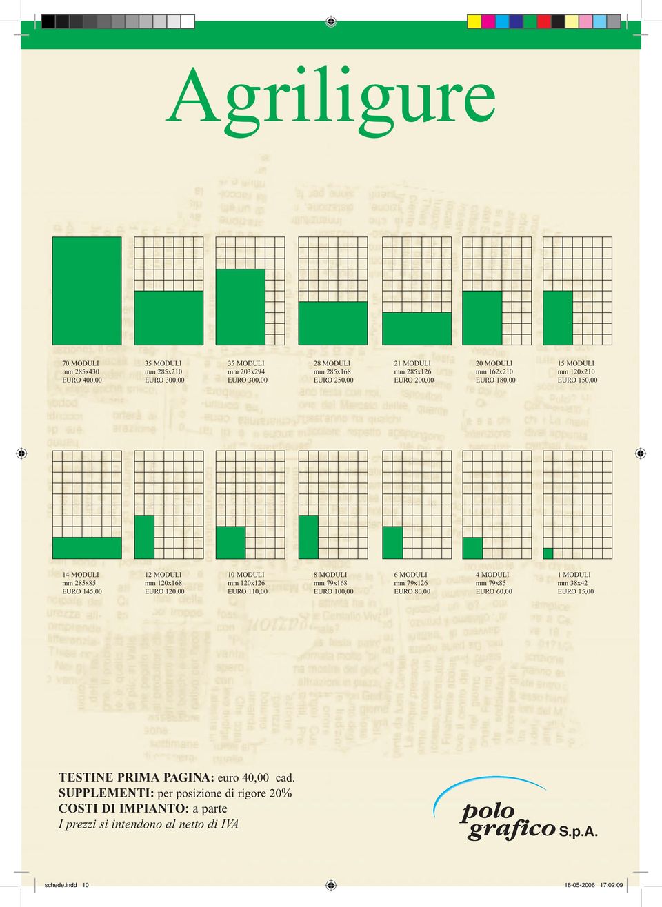 MODULI mm 120x126 EURO 110,00 8 MODULI mm 79x168 EURO 100,00 6 MODULI mm 79x126 EURO 80,00 4 MODULI mm 79x85 EURO 60,00 1 MODULI mm 38x42 EURO 15,00 TESTINE