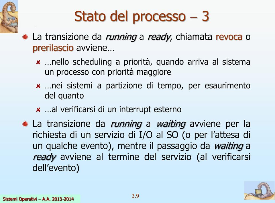 verificarsi di un interrupt esterno La transizione da running a waiting avviene per la richiesta di un servizio di I/O al SO (o