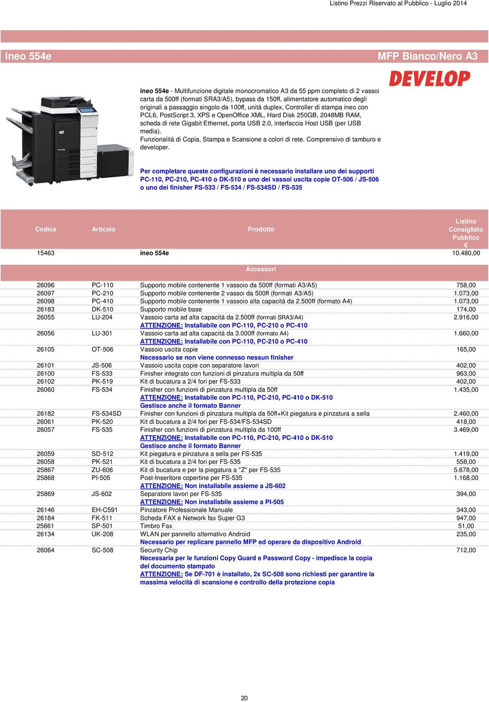 0, interfaccia Host USB (per USB media). Funzionalità di Copia, Stampa e Scansione a colori di rete. Comprensivo di tamburo e developer.