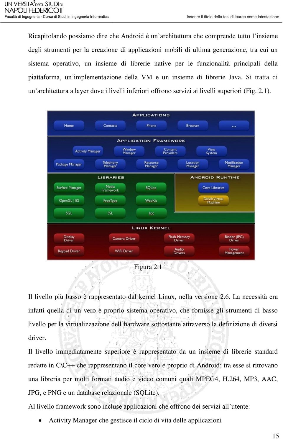 Si tratta di un architettura a layer dove i livelli inferiori offrono servizi ai livelli superiori (Fig. 2.1). Figura 2.1 Il livello più basso è rappresentato dal kernel Linux, nella versione 2.6.