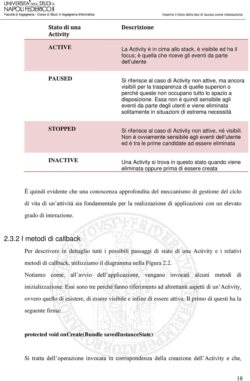 Essa non è quindi sensibile agli eventi da parte degli utenti e viene eliminata solitamente in situazioni di estrema necessità STOPPED Si riferisce al caso di Activity non attive, né visibili.