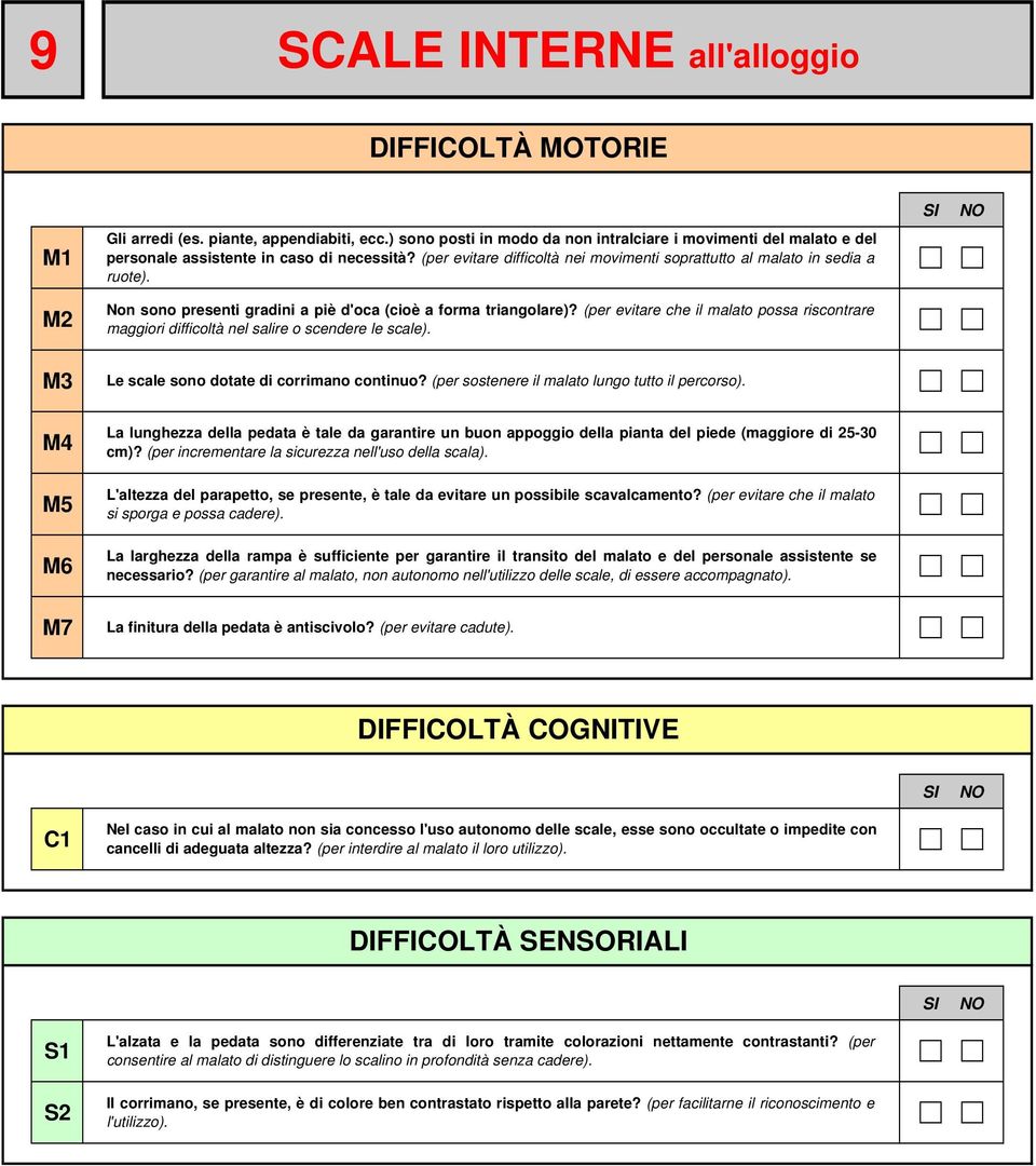 (per evitare che il malato possa riscontrare maggiori difficoltà nel salire o scendere le scale). Le scale sono dotate di corrimano continuo? (per sostenere il malato lungo tutto il percorso).