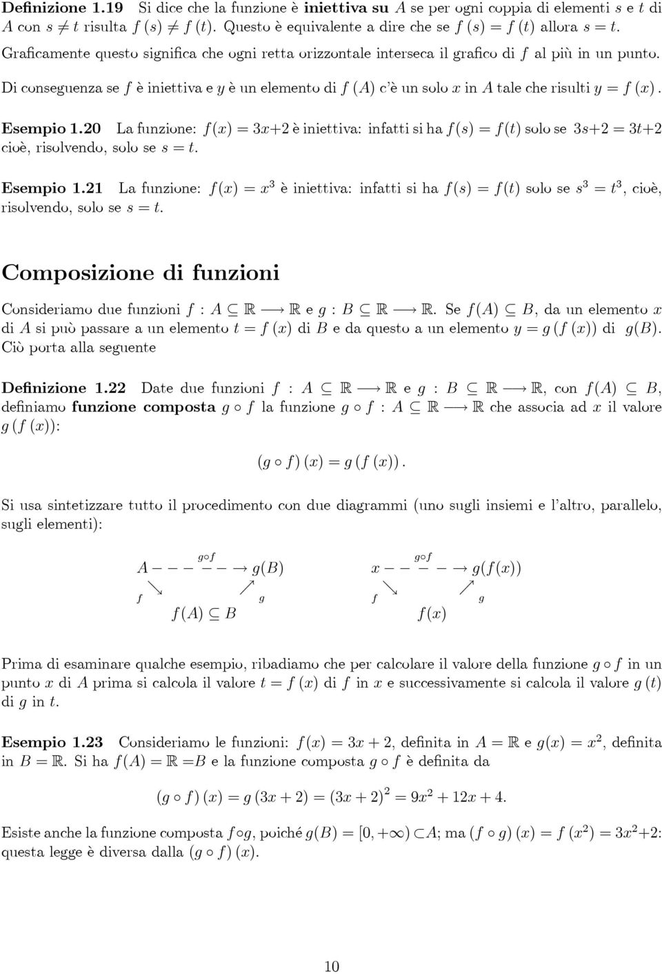 Esempio.0 La funzione: f(x) = x+ è iniettiva: infatti si ha f(s) = f(t) solo se s+ = t+ cioè, risolvendo, solo se s = t. Esempio.