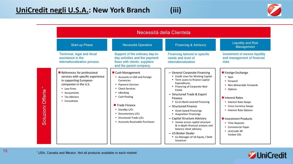 internationalization process Support of the ordinary day-today activities and the payment flows with clients, suppliers and the parent company Financing tailored to specific needs and level of