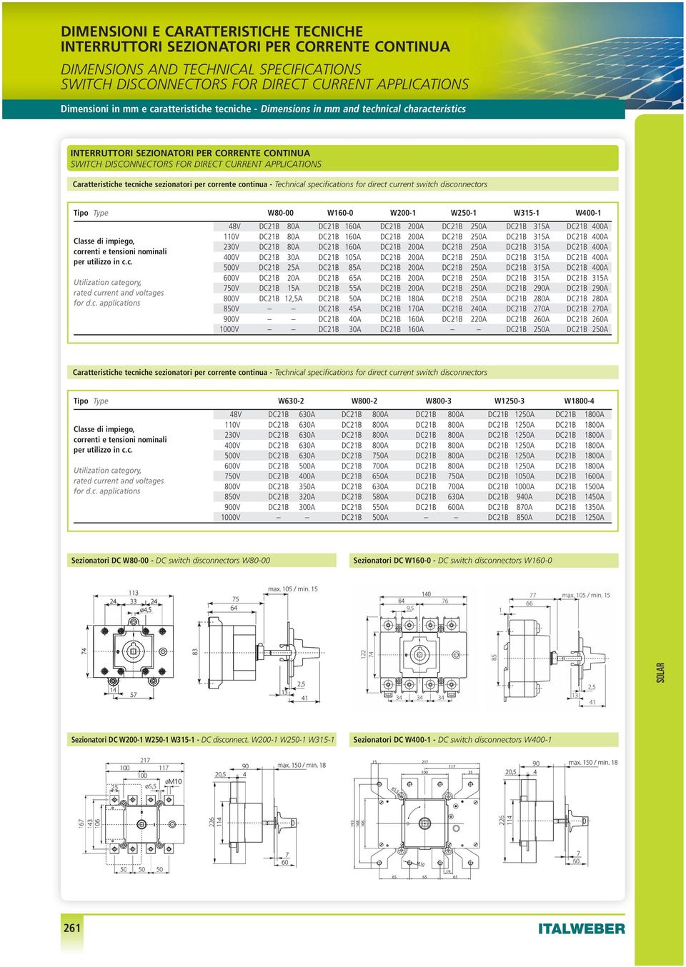 tecniche sezionatori per corrente continua - technical specifications for direct current switch disconnectors Tipo Type W80-00 W160-0 W200-1 W250-1 W315-1 W400-1 48V DC21B 80A DC21B 160A DC21B 200A