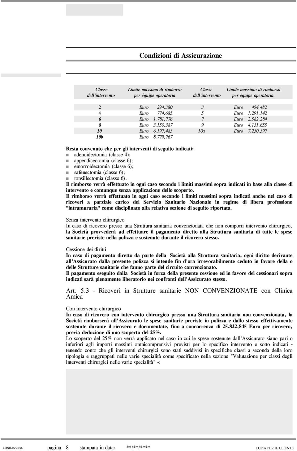 779,767 Resta convenuto che per gli interventi di seguito indicati: adenoidectomia (classe 4); appendicectomia (classe 6); emorroidectomia (classe 6); safenectomia (classe 6); tonsillectomia (classe