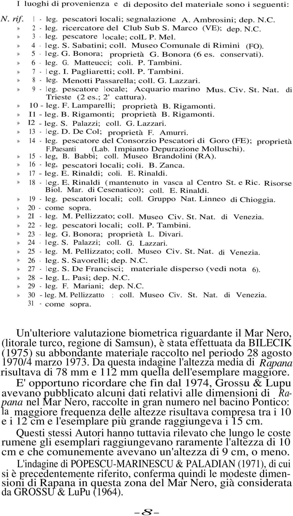 » 7 - l eg. I. Pagliaretti; coll. P. Tambini.» 8 - leg. Menotti Passarella; coll. G. Lazzari.» 9 - leg. pescatore locale; Acquario marino Mus. Civ. St. Nat. di Trieste (2 es.; 2' cattura).» 10 - leg.