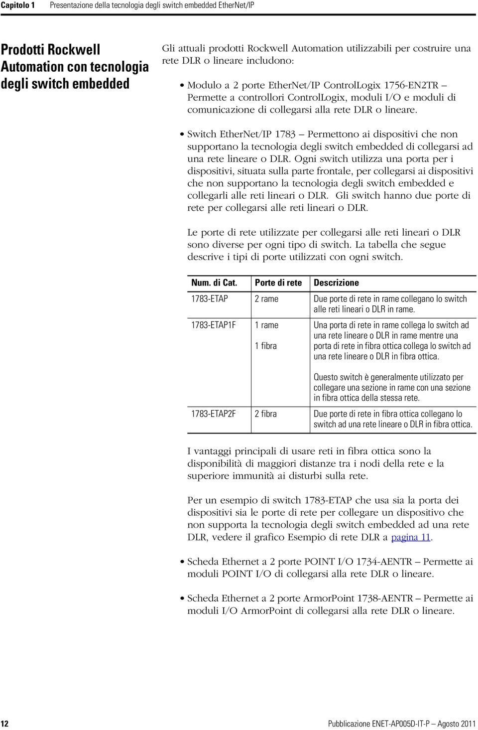 o lineare. Switch EtherNet/IP 1783 Permettono ai dispositivi che non supportano la tecnologia degli switch embedded di collegarsi ad una rete lineare o DLR.