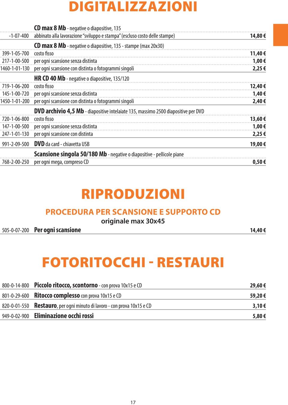 diapositive, 135/120 719-1-06-200 costo fisso 12,40 145-1-00-720 per ogni scansione senza distinta 1,40 1450-1-01-200 per ogni scansione con distinta o fotogrammi singoli 2,40 DVD archivio 4,5 Mb -