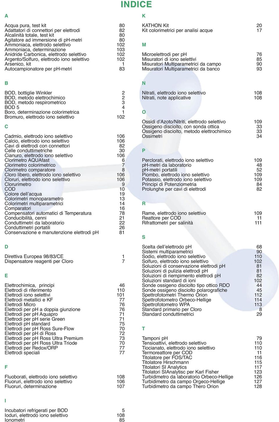 analisi acque 17 M Microelettrodi per ph 76 Misuratori di iono selettivi 85 Misuratori Multiparametrici da campo 90 Misuratori Multiparametrici da banco 93 B BOD, bottiglie Winkler 2 BOD, metodo