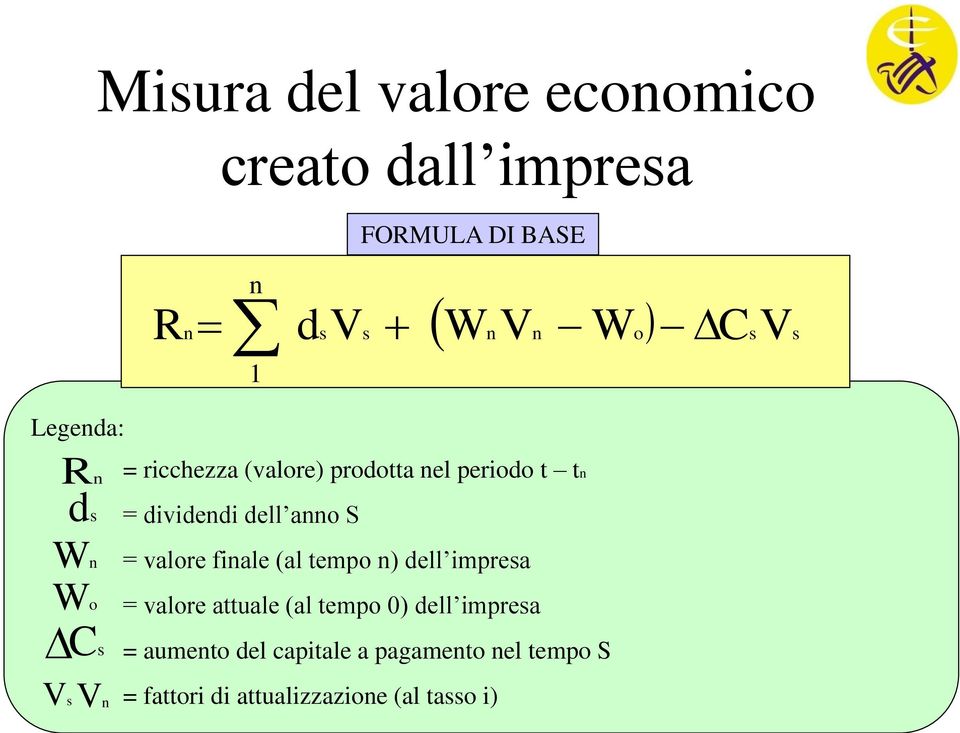 dell anno S = valore finale (al tempo n) dell impresa = valore attuale (al tempo 0) dell