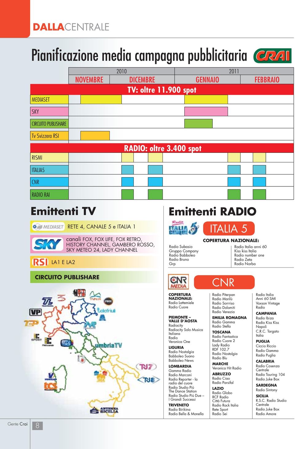 Emittenti RADIO Radio Subasio Gruppo Company Radio Babboleo Radio Bruno Grp ITALIA 5 COPERTURA NAZIONALE: CNR Radio Italia anni 60 Kiss kiss Italia Radio number one Radio Zeta Radio Norba COPERTURA