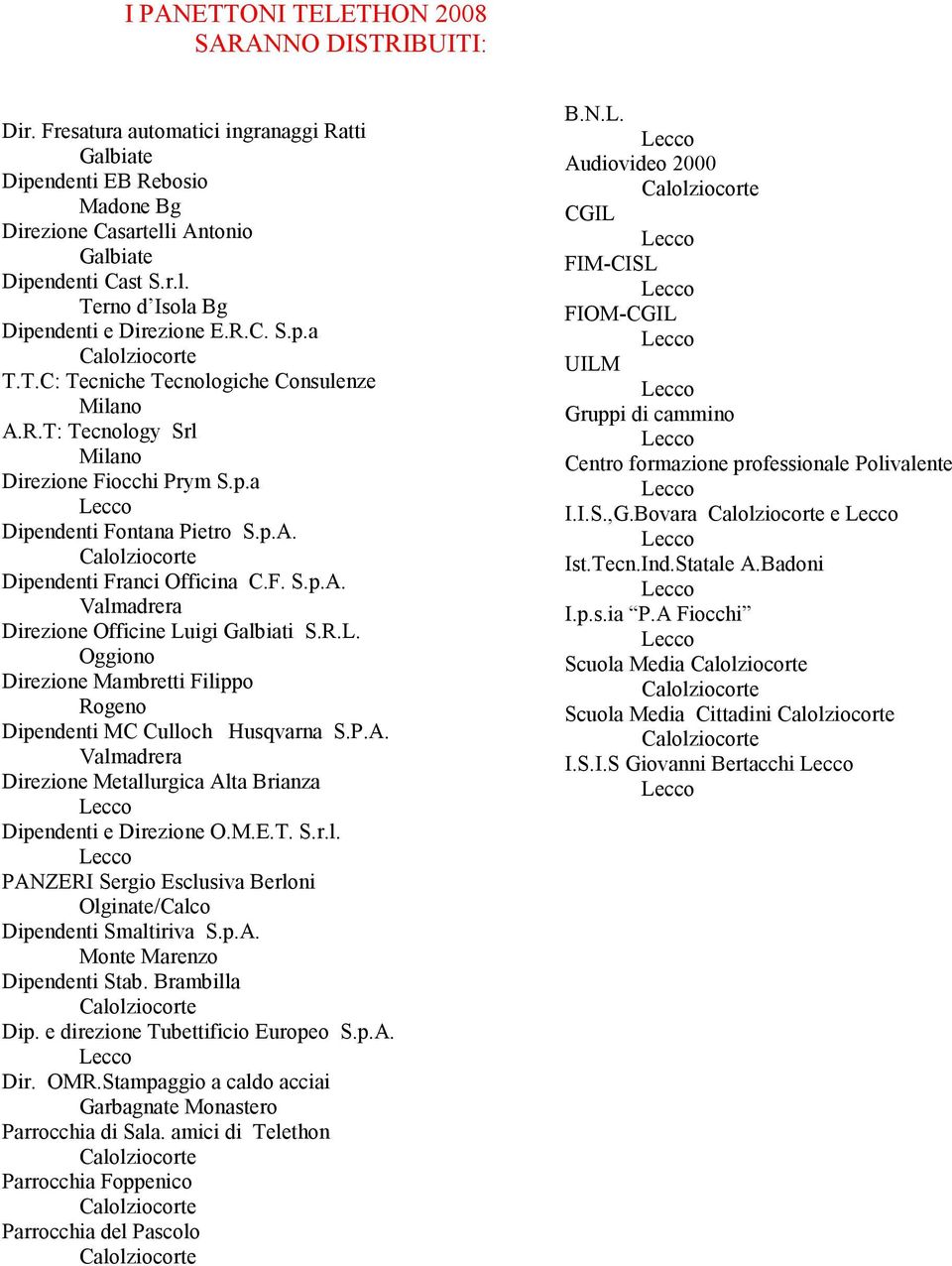 R.L. Oggiono Direzione Mambretti Filippo Rogeno Dipendenti MC Culloch Husqvarna S.P.A. Valmadrera Direzione Metallurgica Alta Brianza Dipendenti e Direzione O.M.E.T. S.r.l. PANZERI Sergio Esclusiva Berloni Olginate/Calco Dipendenti Smaltiriva S.