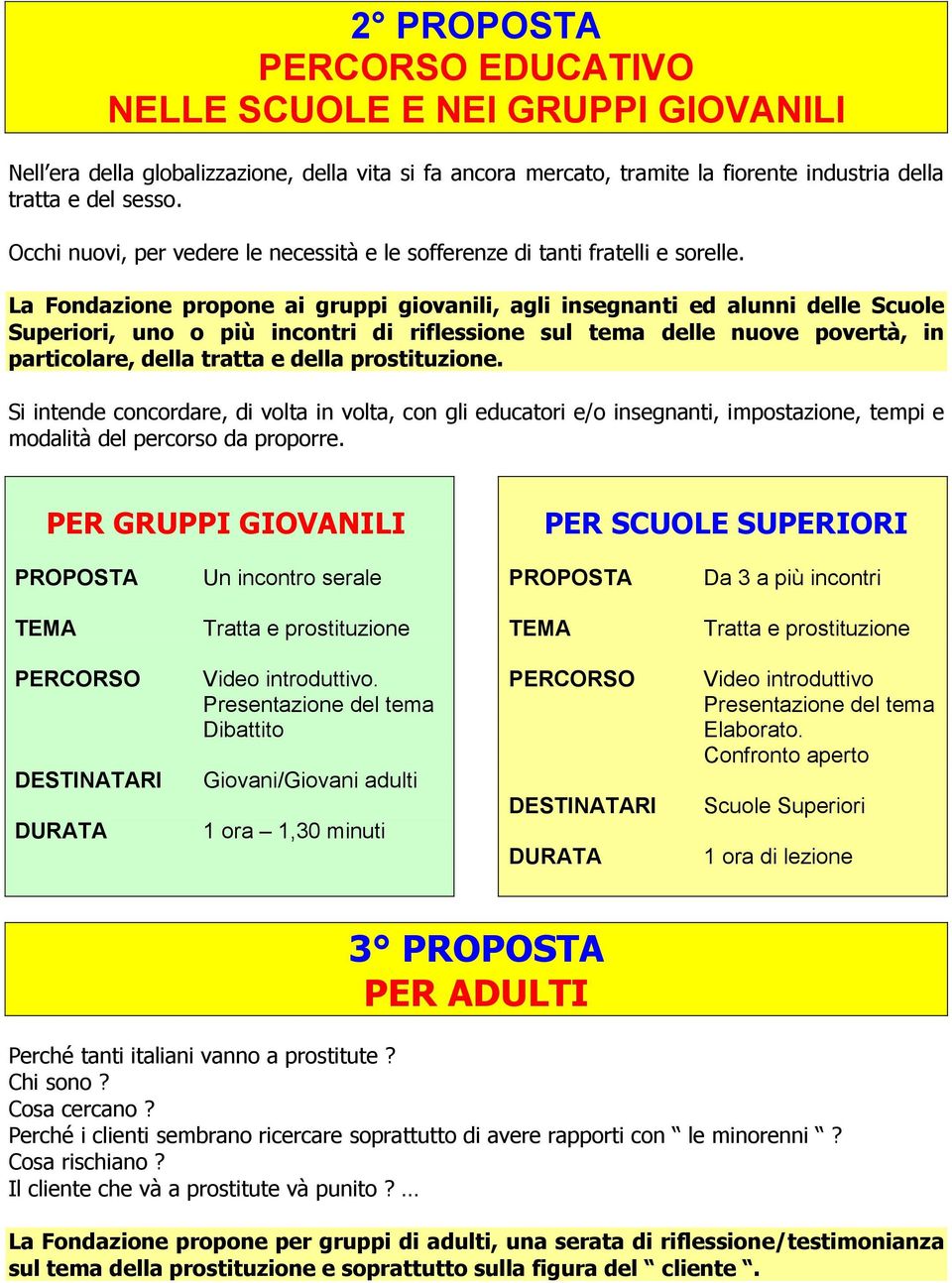 La Fondazione propone ai gruppi giovanili, agli insegnanti ed alunni delle Scuole Superiori, uno o più incontri di riflessione sul tema delle nuove povertà, in particolare, della tratta e della