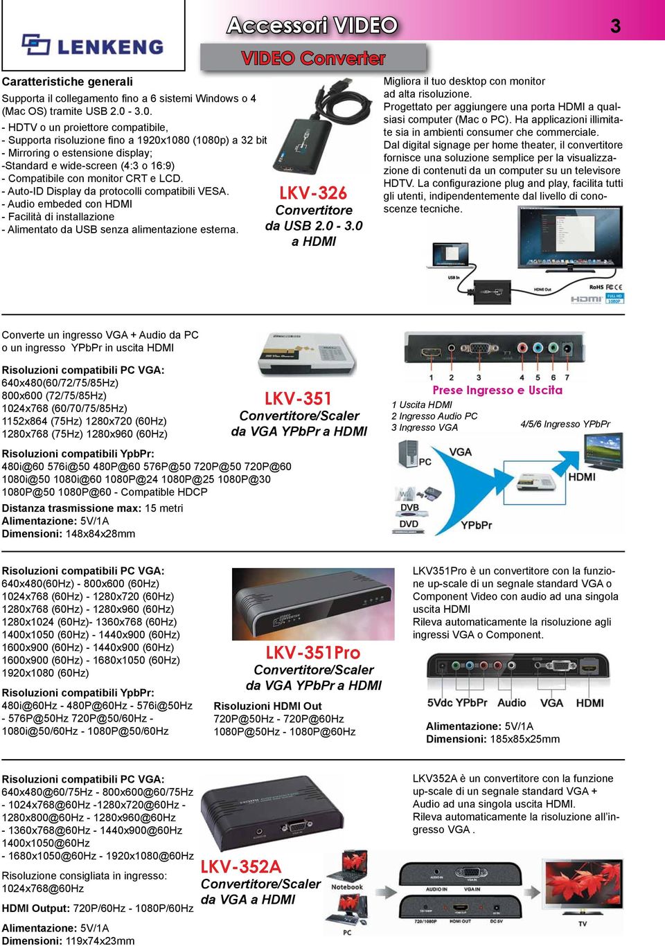 e LCD. - Auto-ID Display da protocolli compatibili VESA. - Audio embeded con HDMI - Facilità di installazione - Alimentato da USB senza alimentazione esterna.