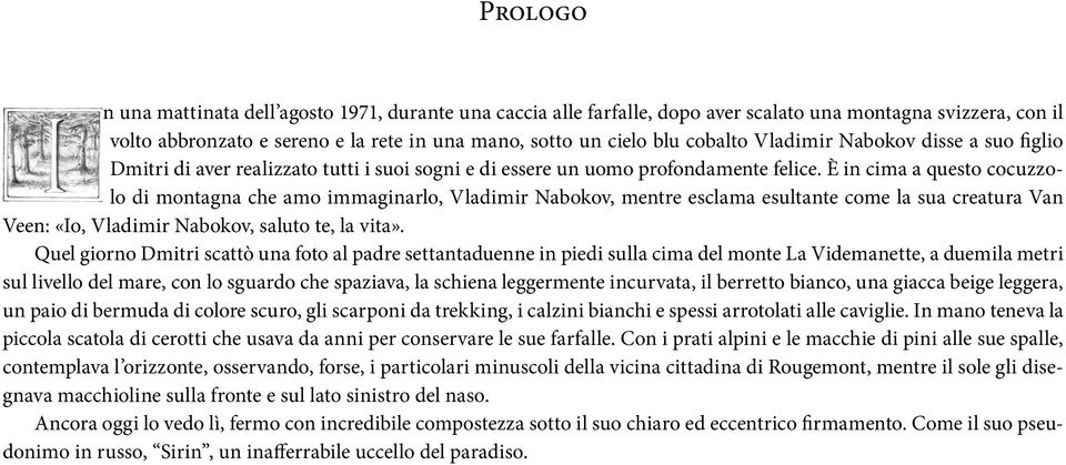 È in cima a questo cocuzzolo di montagna che amo immaginarlo, Vladimir Nabokov, mentre esclama esultante come la sua creatura Van Veen: «Io, Vladimir Nabokov, saluto te, la vita».