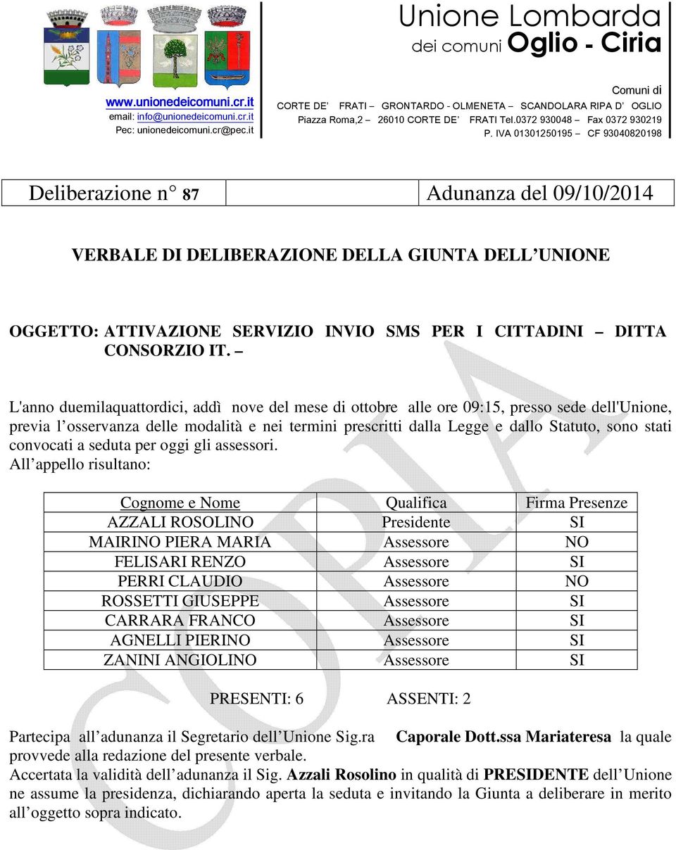 All appello risultano: Cognome e Nome Qualifica Firma Presenze AZZALI ROSOLINO Presidente SI MAIRINO PIERA MARIA Assessore NO FELISARI RENZO Assessore SI PERRI CLAUDIO Assessore NO ROSSETTI GIUSEPPE