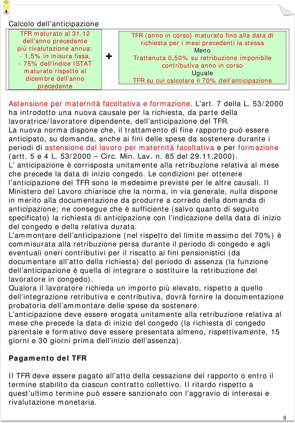 richiesta per i mesi precedenti la stessa Meno Trattenuta 0,50% su retribuzione imponibile contributiva anno in corso Uguale TFR su cui calcolare il 70% dell anticipazione Astensione per maternità