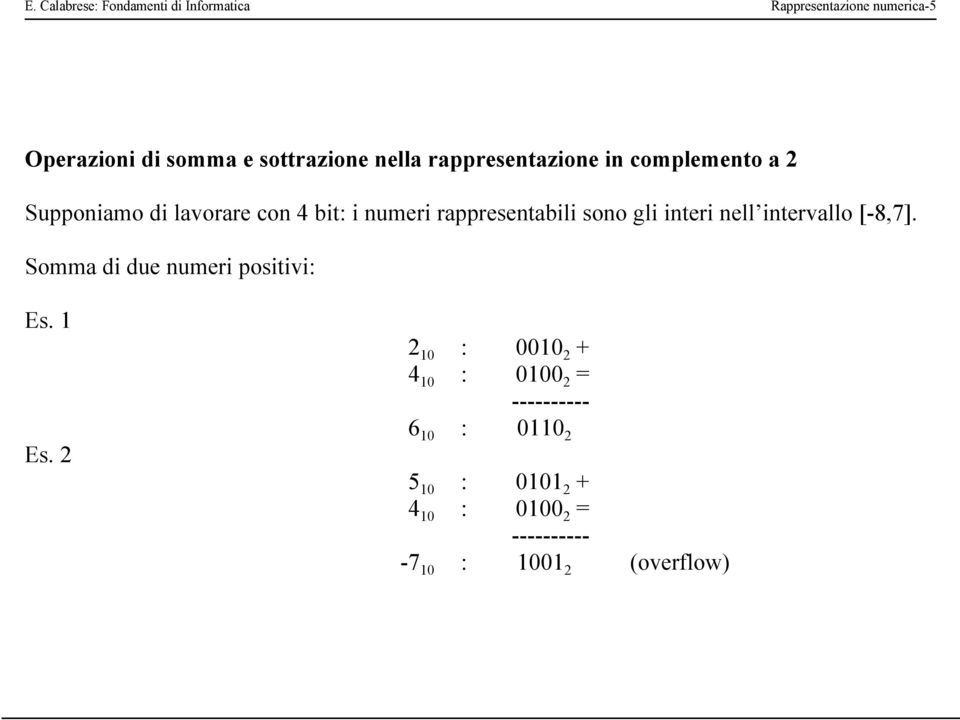 rappresentabili sono gli interi nell intervallo [-8,7]. Somma di due numeri positivi: Es. 1 Es.