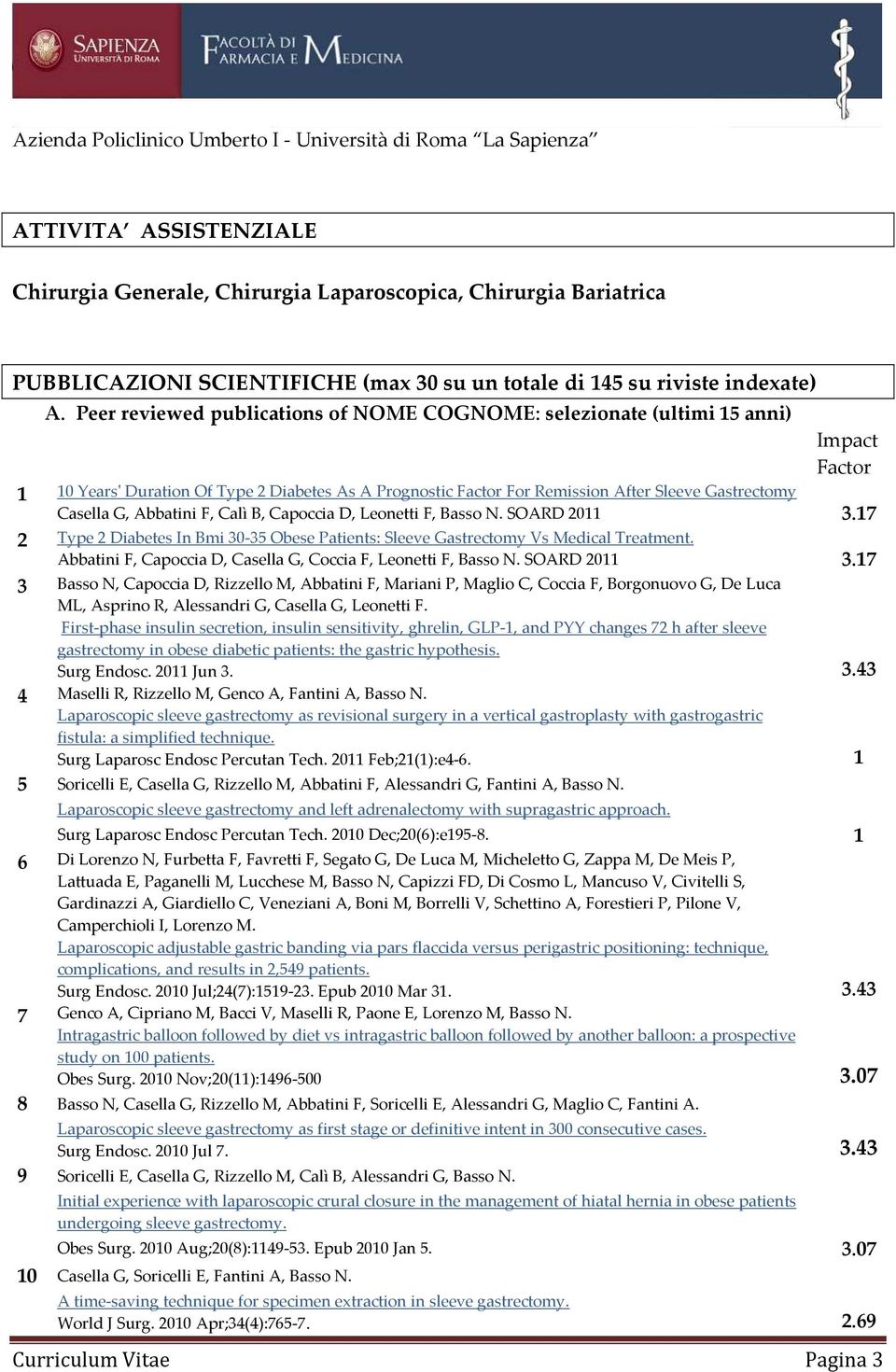 Peer reviewed publications of NOME COGNOME: selezionate (ultimi 15 anni) Impact Factor 1 10 Years' Duration Of Type 2 Diabetes As A Prognostic Factor For Remission After Sleeve Gastrectomy Casella G,