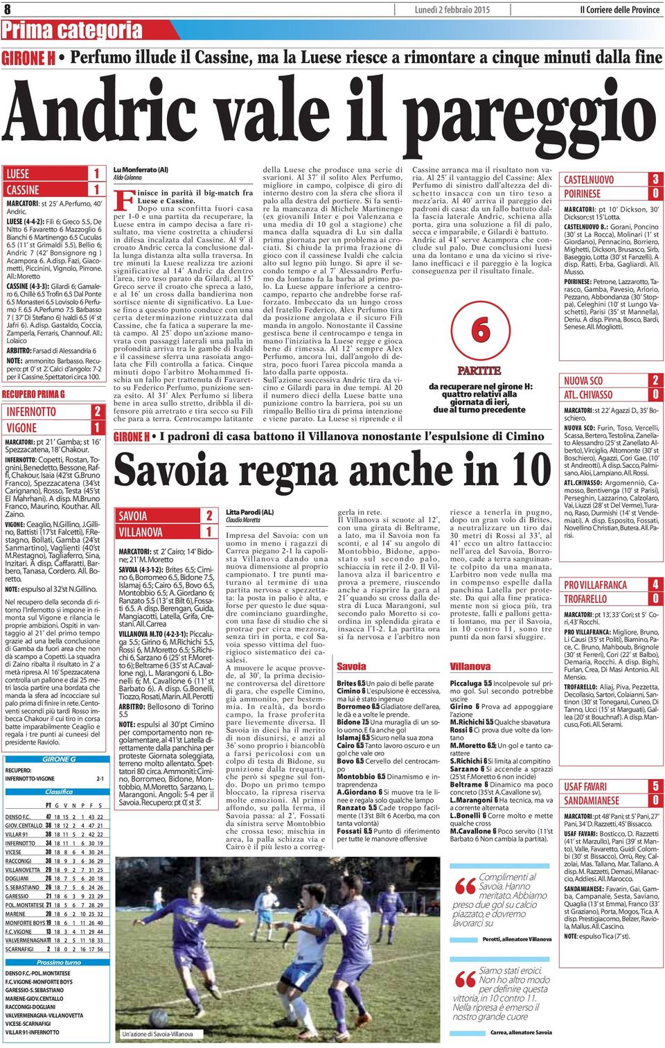 Fazi, Giacometti, Piccinini, Vignolo, Pirrone. All.: Moretto CASSINE (4-3-3): Gilardi 6; Gamalero 6, Chillè 6.5 Trofin 6.5 Dal Ponte 6.5 Monasteri 6.5 Lovisolo 6 Perfumo F. 6.5 A.Perfumo 7.