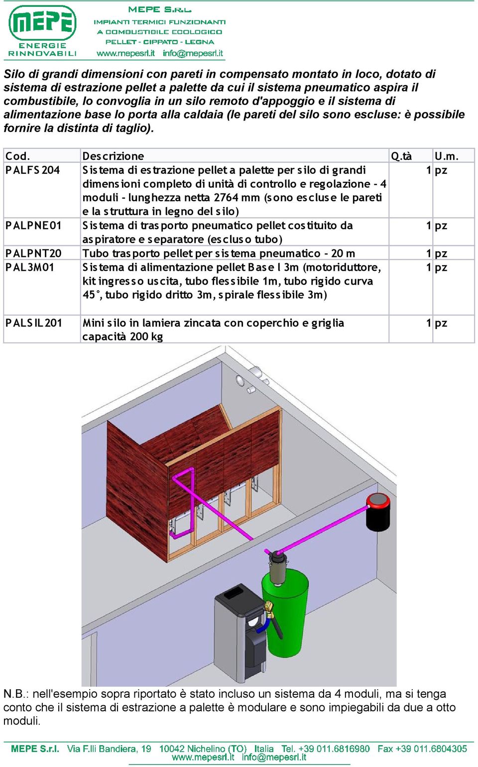 PALFS 204 S istema di estrazione pellet a palette per silo di grandi dimensioni completo di unità di controllo e regolazione - 4 moduli - lunghezza netta 2764 mm (sono escluse le pareti e la