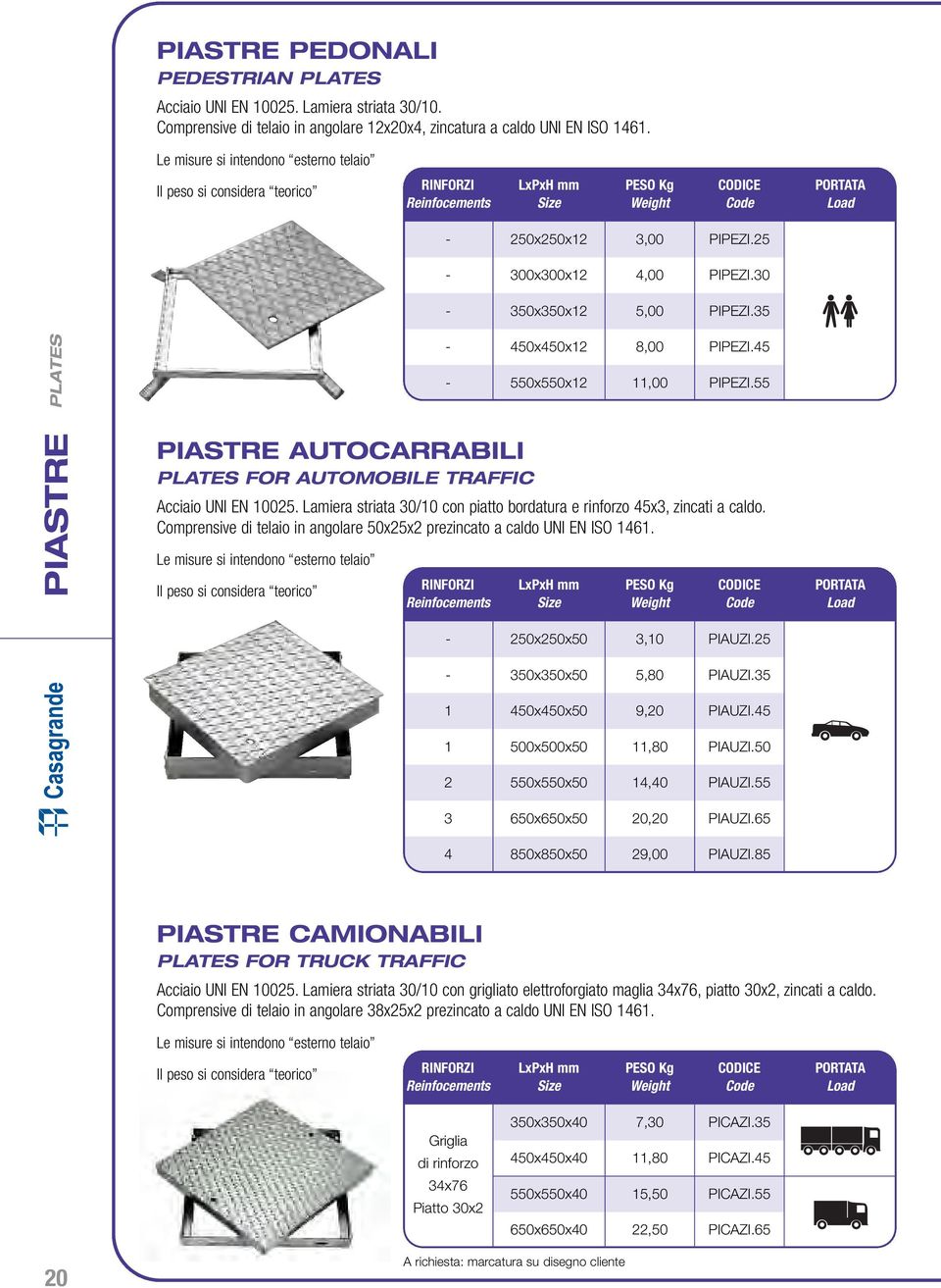 35 PIASTRE PLATES PIASTRE AUTOCARRABILI PLATES FOR AUTOMOBILE TRAFFIC - 450x450x12 8,00 PIPEZI.45-550x550x12 11,00 PIPEZI.55 Acciaio UNI EN 10025.