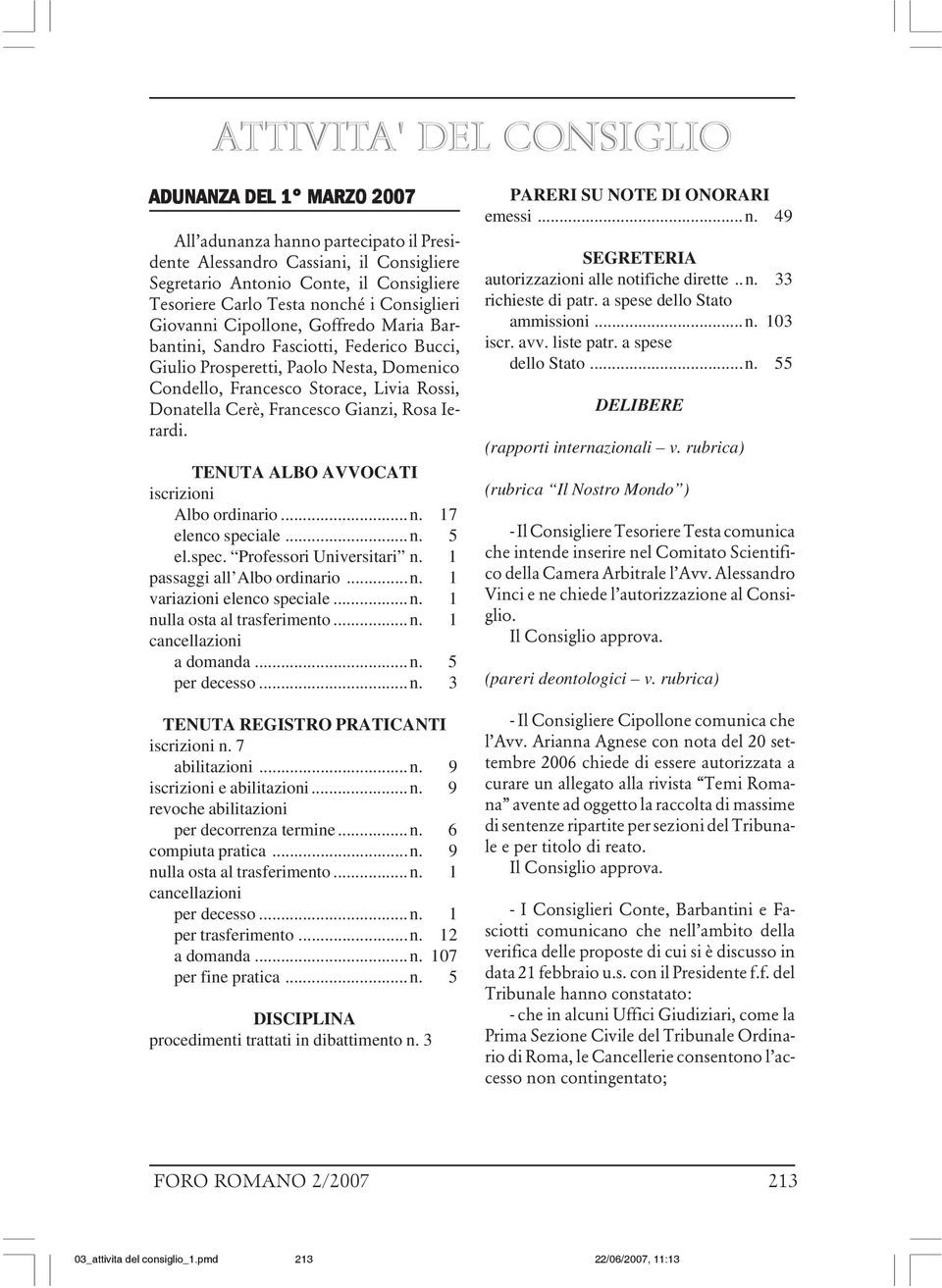 Cerè, Francesco Gianzi, Rosa Ierardi. TENUTA ALBO AVVOCATI iscrizioni Albo ordinario...n. 17 elenco speciale...n. 5 el.spec. Professori Universitari n. 1 passaggi all Albo ordinario...n. 1 variazioni elenco speciale.