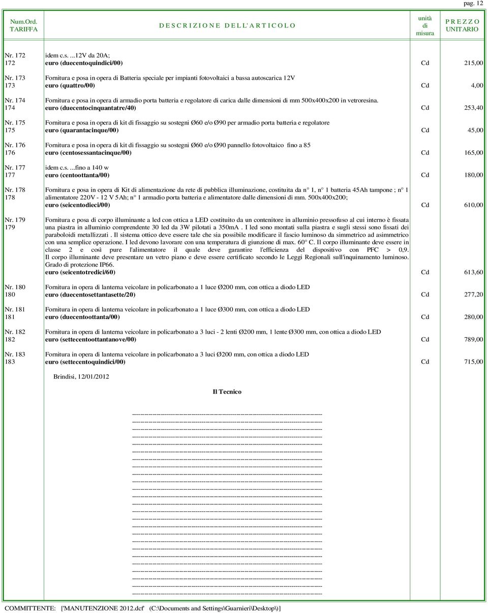 174 Fornitura e posa in opera armao porta batteria e regolatore carica dalle mensioni mm 500x400x200 in vetroresina. 174 euro (duecentocinquantatre/40) Cd 253,40 Nr.