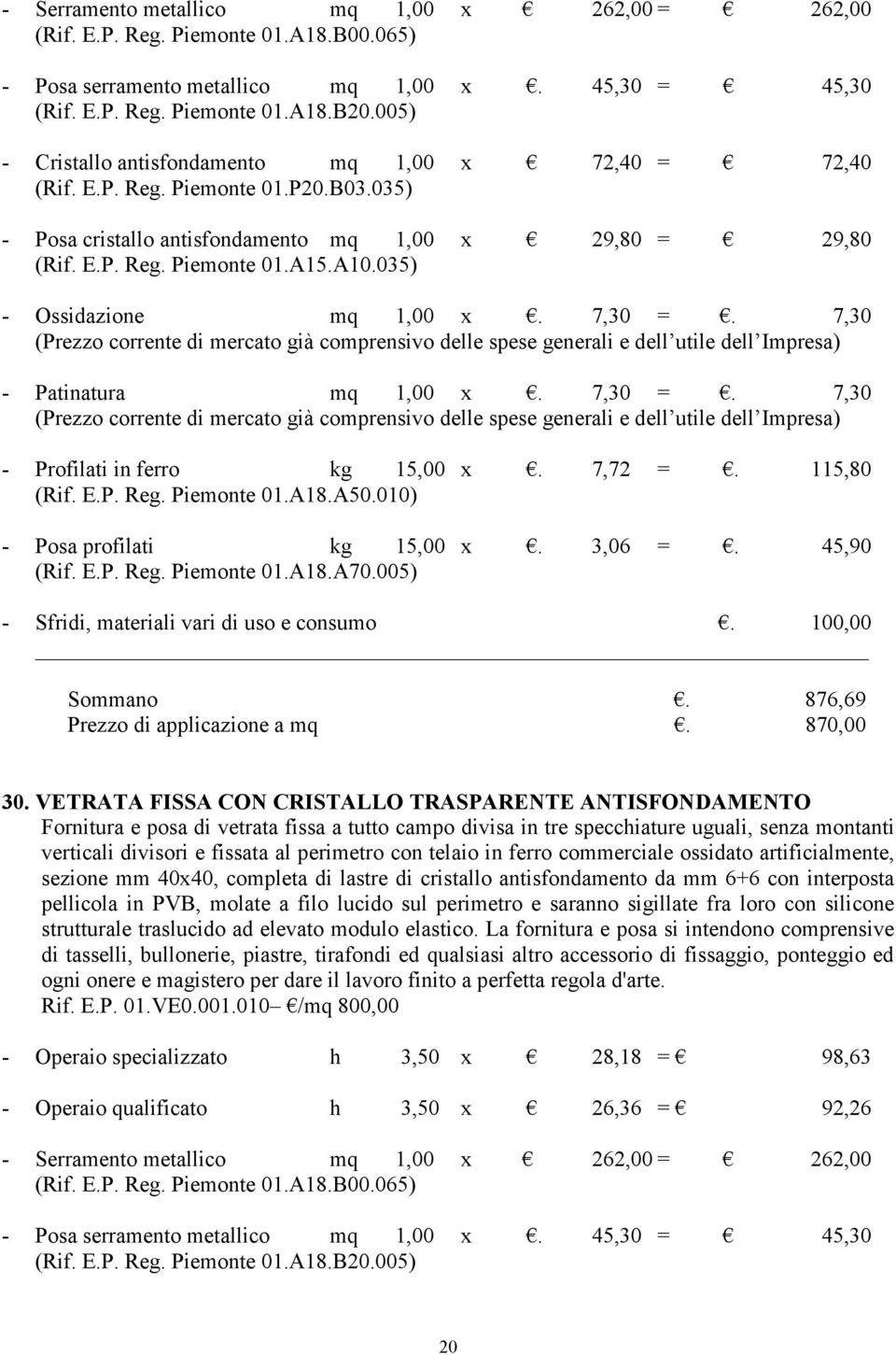 035) - Ossidazione mq 1,00 x. 7,30 =. 7,30 - Patinatura mq 1,00 x. 7,30 =. 7,30 - Profilati in ferro kg 15,00 x. 7,72 =. 115,80 (Rif. E.P. Reg. Piemonte 01.A18.A50.010) - Posa profilati kg 15,00 x.