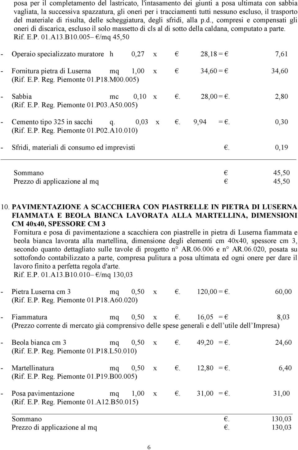 01.A13.B10.005 /mq 45,50 - Operaio specializzato muratore h 0,27 x 28,18 = 7,61 - Fornitura pietra di Luserna mq 1,00 x 34,60 = 34,60 (Rif. E.P. Reg. Piemonte 01.P18.M00.005) - Sabbia mc 0,10 x.