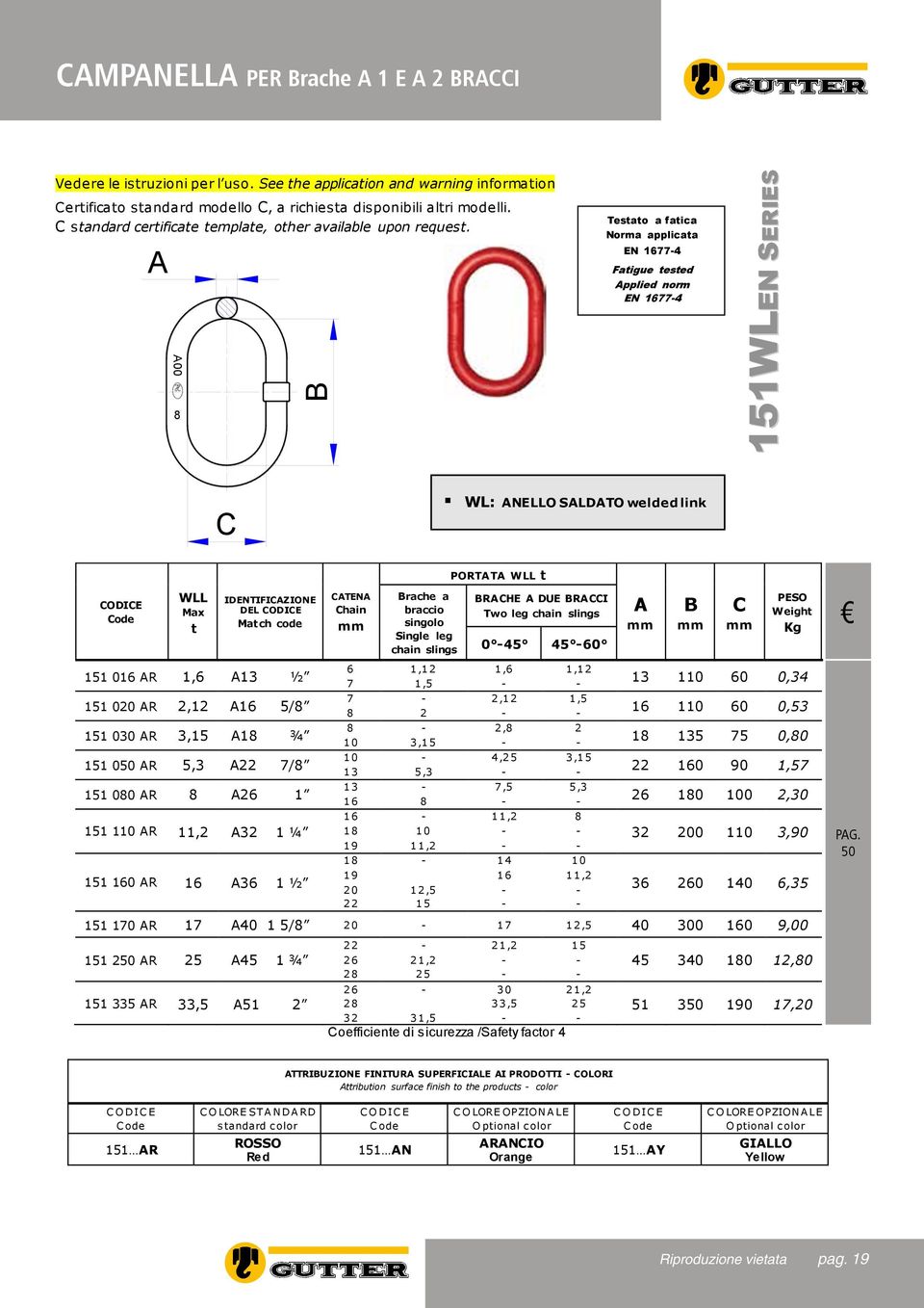 00 8 Testato a fatica Norma applicata EN 16774 Fatigue tested pplied norm EN 16774 151WLEN SERIES WL: NELLO SLDTO welded link WLL Max t IDENTIFIZIONE DEL Match code 151 016 R 1,6 13 ½ 151 020 R 2,12