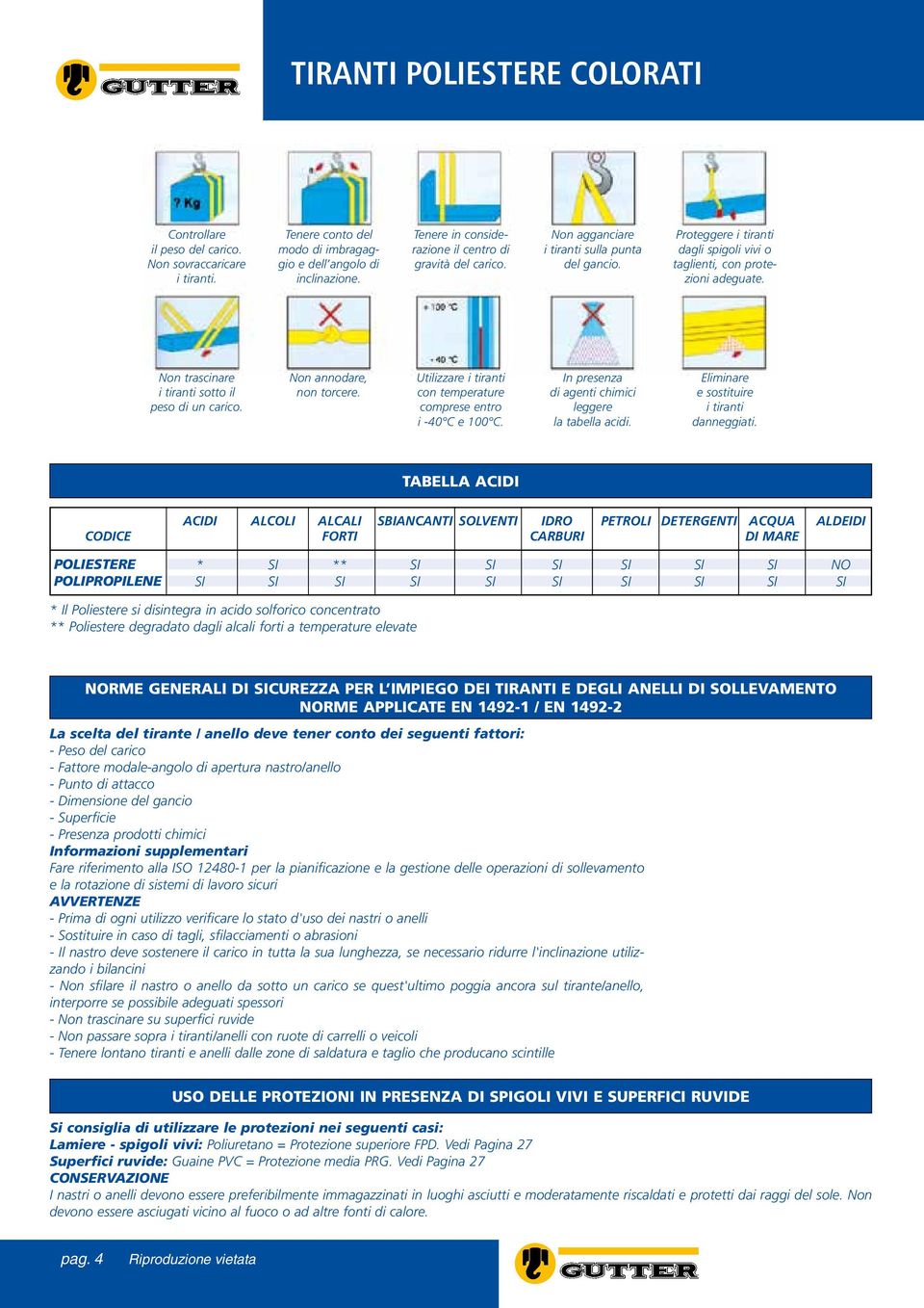 Non trascinare i tiranti sotto il peso di un carico. Non annodare, non torcere. Utilizzare i tiranti con temperature comprese entro i 40 e 100. In presenza di agenti chimici leggere la tabella acidi.