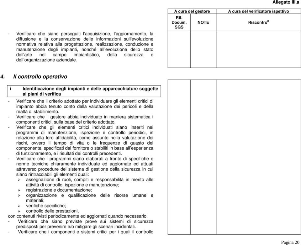 Il controllo operativo i Identificazione degli impianti e delle apparecchiature soggette ai piani di verifica - Verificare che il criterio adottato per individuare gli elementi critici di impianto