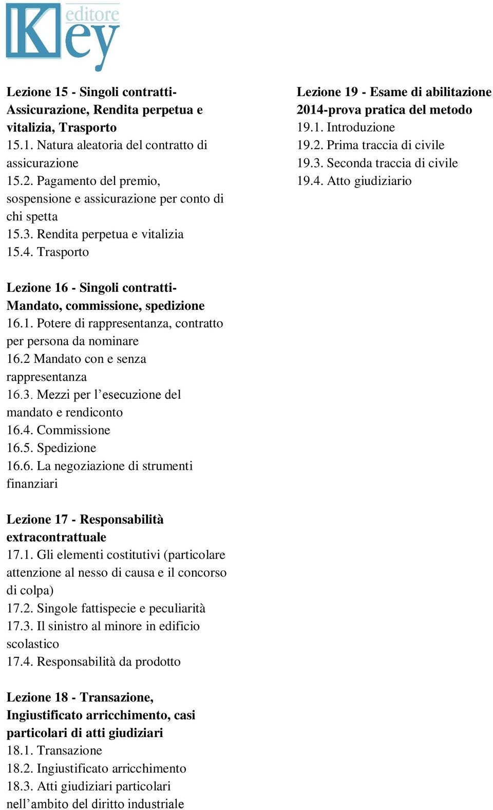 2. Prima traccia di civile 19.3. Seconda traccia di civile 19.4. Atto giudiziario Lezione 16 - Singoli contratti- Mandato, commissione, spedizione 16.1. Potere di rappresentanza, contratto per persona da nominare 16.