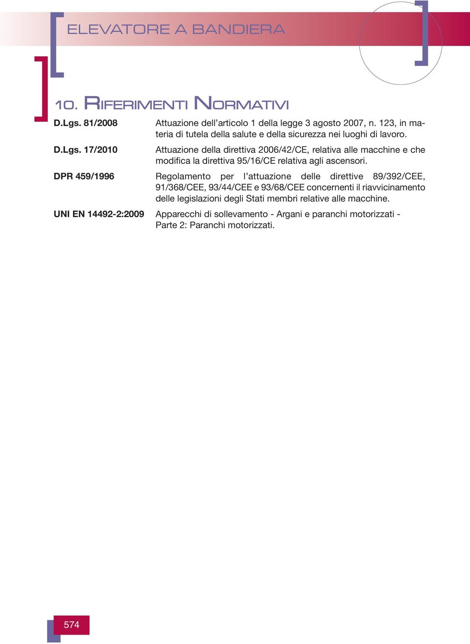 17/2010 Attuazione della direttiva 2006/42/CE, relativa alle macchine e che modifica la direttiva 95/16/CE relativa agli ascensori.