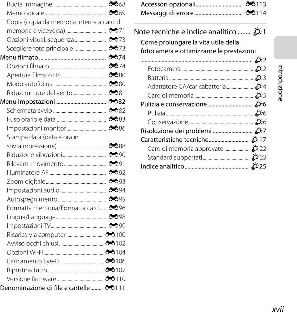 .. E83 Impostazioni monitor... E86 Stampa data (data e ora in sovraimpressione)... E88 Riduzione vibrazioni... E90 Rilevam. movimento... E91 Illuminatore AF... E92 Zoom digitale.