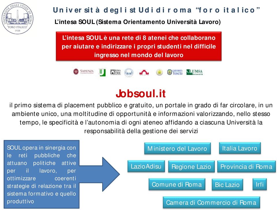 it il primo sistema di placement pubblico e gratuito, un portale in grado di far circolare, in un ambiente unico, una moltitudine di opportunità e informazioni valorizzando, nello stesso tempo, le