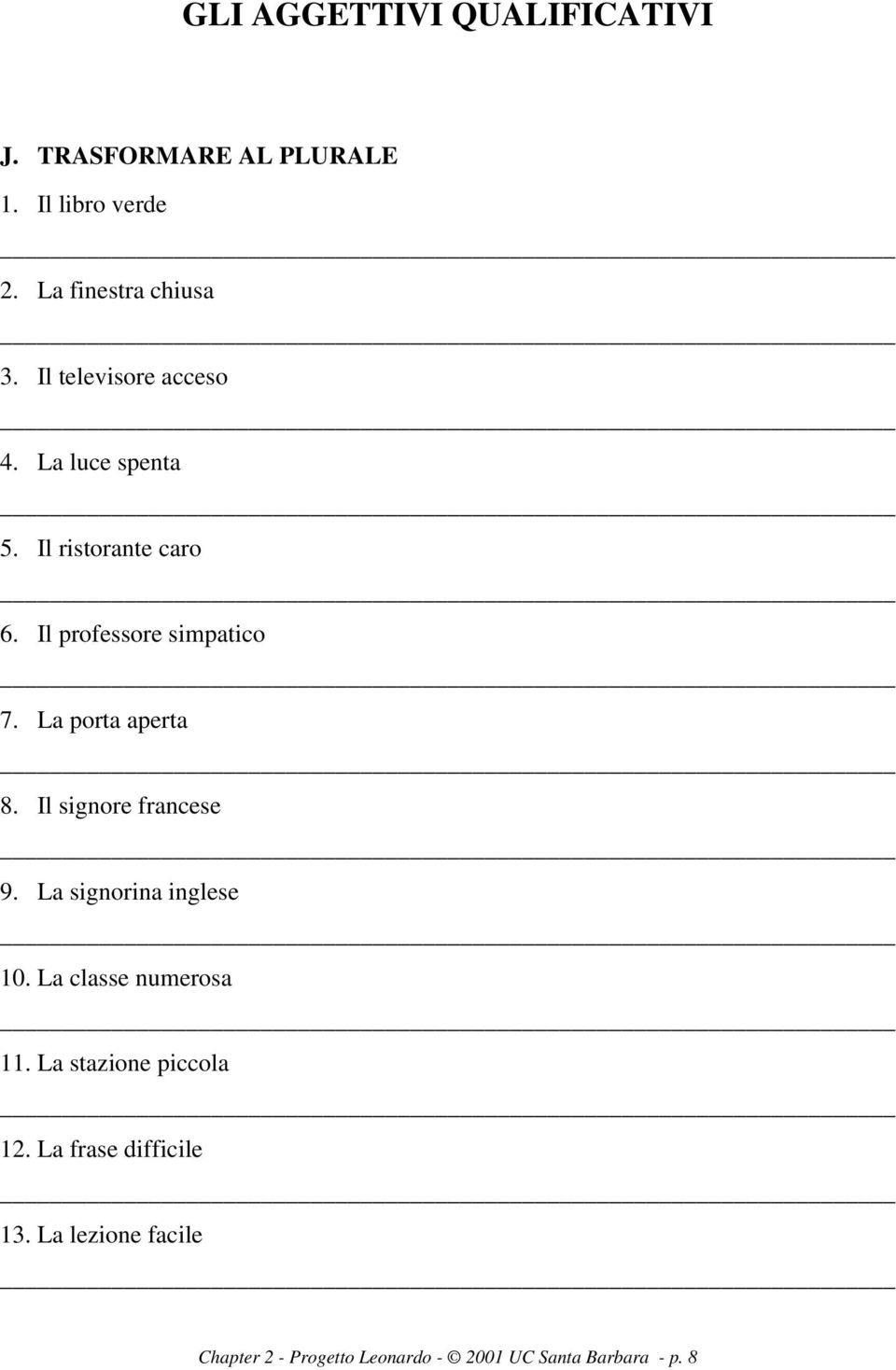 La porta aperta 8. Il signore francese 9. La signorina inglese 10. La classe numerosa 11.