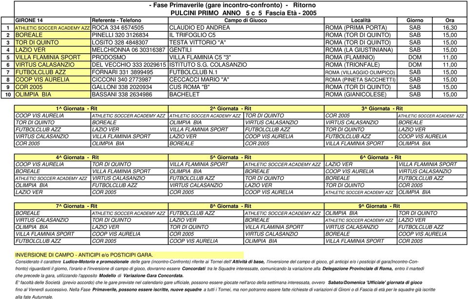 SPORT PRODOSMO VILLA FLAMINIA C5 "3" ROMA (FLAMINIO) DOM 11,00 6 VIRTUS CALASANZIO DEL VECCHIO 333 2029615 ISTITUTO S.G.