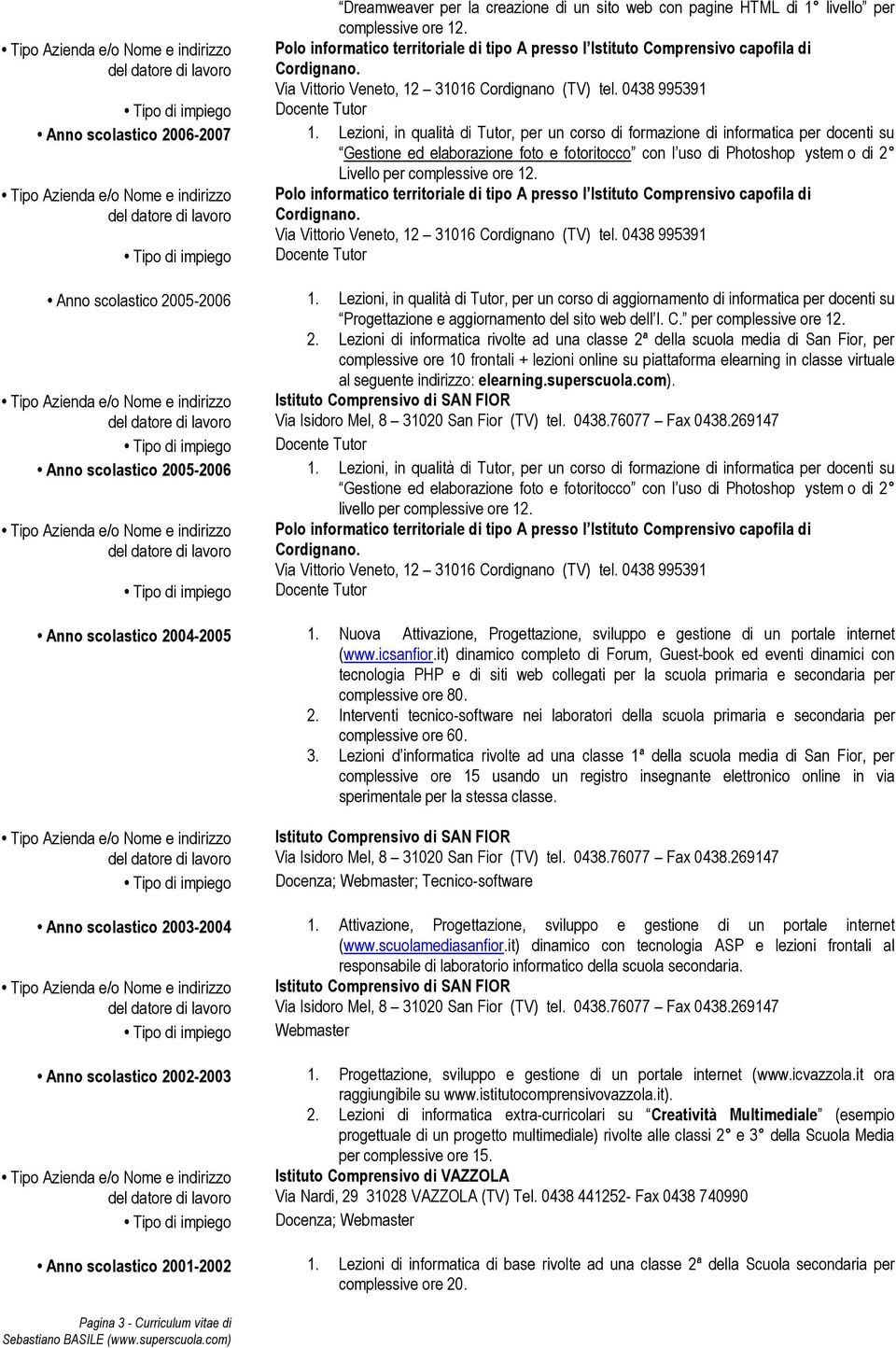 Docente Tutor Anno scolastico 2005-2006 1. Lezioni, in qualità di Tutor, per un corso di aggiornamento di informatica per docenti su Progettazione e aggiornamento del sito web dell I. C.