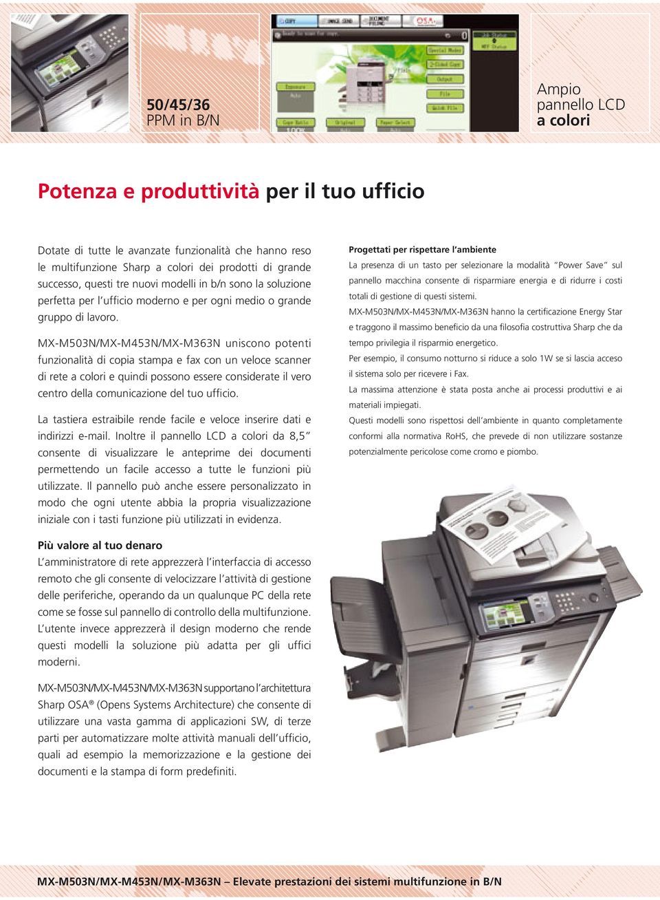 MX-M503N/MX-M453N/MX-M363N uniscono potenti funzionalità di copia stampa e fax con un veloce scanner di rete a colori e quindi possono essere considerate il vero centro della comunicazione del tuo