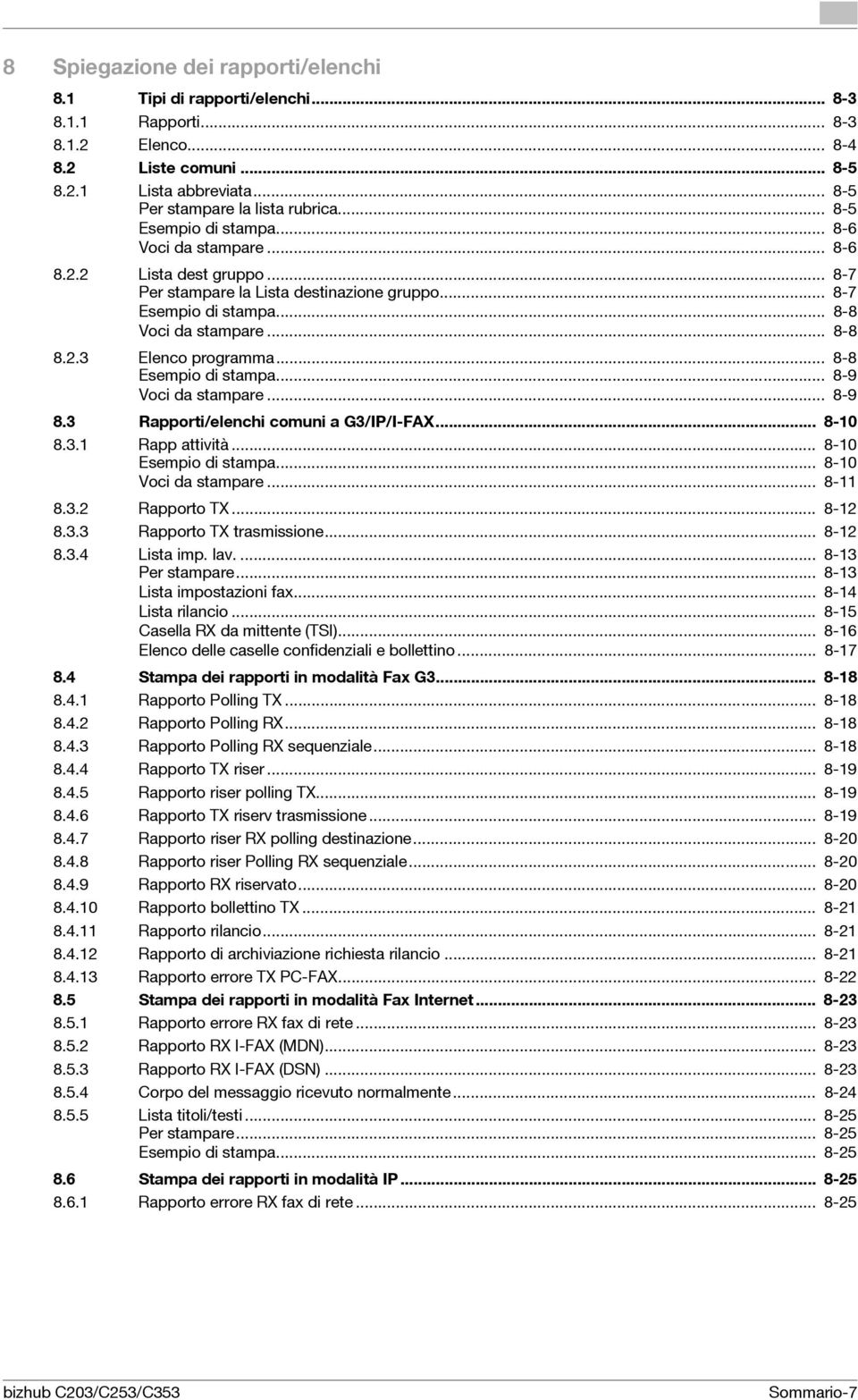 .. 8-8 Esempio di stampa... 8-9 Voci da stampare... 8-9 8.3 Rapporti/elenchi comuni a G3/IP/I-FAX... 8-10 8.3.1 Rapp attività... 8-10 Esempio di stampa... 8-10 Voci da stampare... 8-11 8.3.2 Rapporto TX.